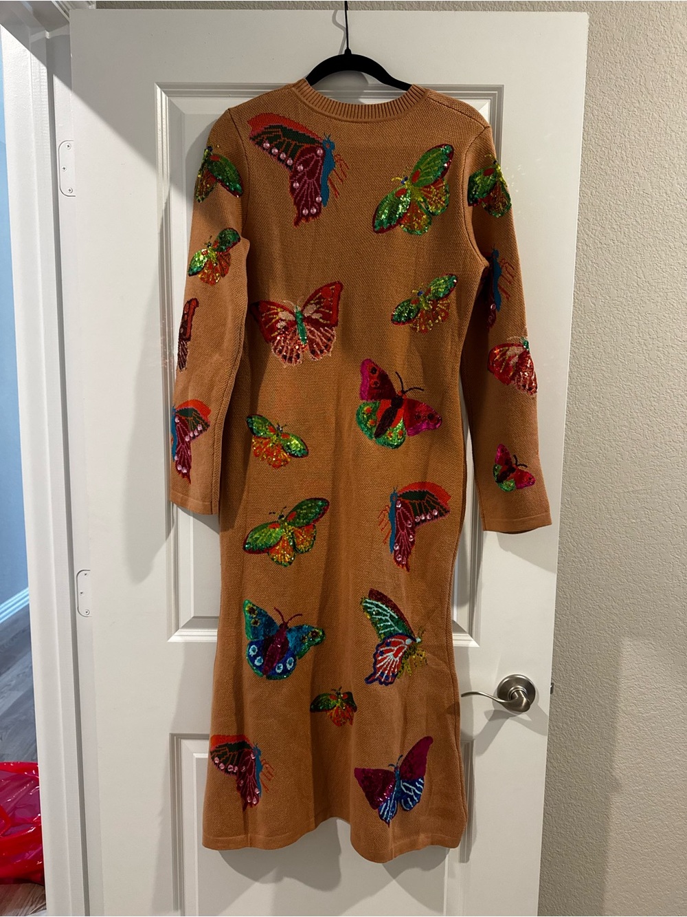 QUEEN OF SPARKLES Tan Butterfly Sequin Long Sleeve Dress - Picture 4 of 5